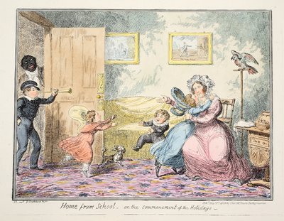 Hjem fra skolen eller påbegynnelsen av helligdagene pub. 1835 (håndfarget gravering) av George Cruikshank