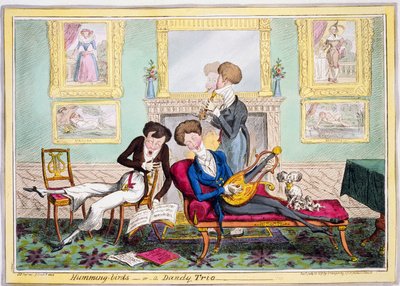 Humming-birds, eller en Dandy Trio, pub. 1819 (håndfarget gravering) av George Cruikshank