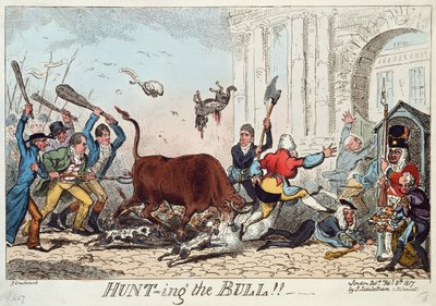 Hunting the Bull, 1817 (fargetsing) av George Cruikshank