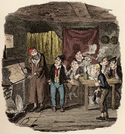 I London, Jack Dawkins kalt reven presenterer Oliver til Fagin og teamet hans av malfrater - Oliver introdusert for den respektable gamle gentlemannen - Illustrasjon for "Oliver Twist" (Olivier) (The Adventures of Oliver Twist) av Charles Dickens (1812-187 av George Cruikshank