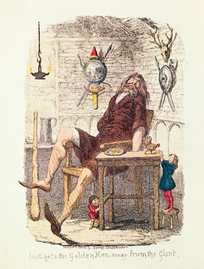 Jack får den gylne høna vekk fra kjempen (farge litho) av George Cruikshank