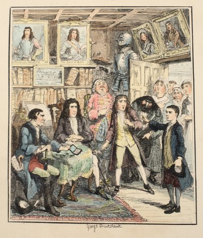 Jack Sheppard anklager Thames Darrell for Theft, illustrasjon fra Jack Sheppard: A Romance av William Harrison Ainsworth, utgitt 1839 (håndfarget etsning) av George Cruikshank