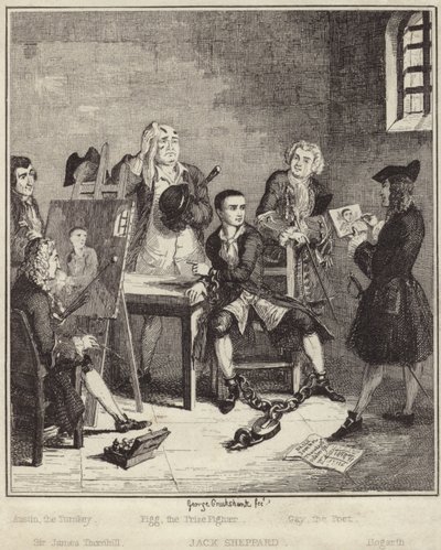 Jack Sheppard får sitt portrett malt av Sir James Thornhill i fengselet av George Cruikshank