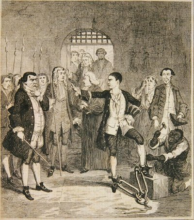 Jack Sheppards jern slått av i Stone Hall ved Newgate, illustrasjon fra 