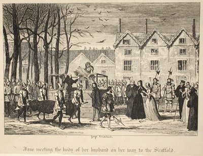 Jane møter liket av mannen sin på vei til stillaset, fra puben The Tower of London. 1840 av George Cruikshank