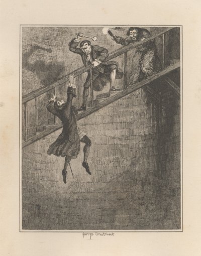 Jonathan Wild kaster Sir Rowland Trenchard ned i brønnen av George Cruikshank