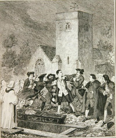 Jonathan Wild grep Jack ved morens begravelse i Willesden Churchyard, illustrasjon fra 