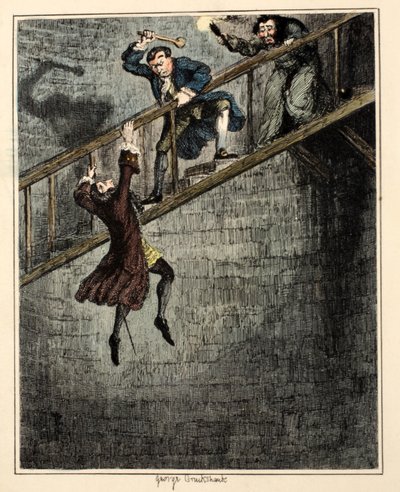 Jonathan Wild kaster Sir Rowland Trenchard ned i brønnhullet, illustrasjon fra 