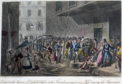 Inngangen til Operaen i Paris - i ""Livet i Paris"" av David Carey, ill. av Georges Cruikshank, red. Faiburn, London av George Cruikshank