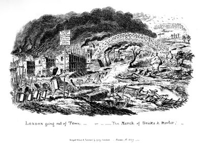 London går ut av byen - eller The March of Bricks and Mortar, 1829 av George Cruikshank