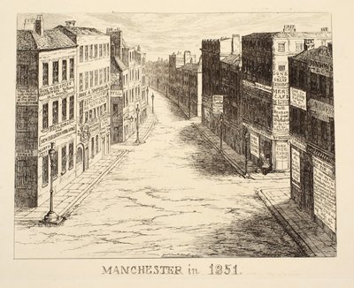 Manchester i 1851, fra 1851 eller The Adventures of Mr & Mrs Sandboys og familie som kom opp til London for å kose seg og se den store utstillingen, pub. 1851 av George Cruikshank