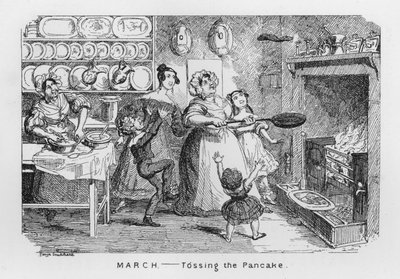 mars, kaste pannekaken (gravering) av George Cruikshank