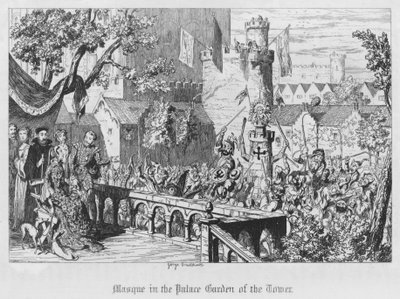 Masque i Palace Garden of the Tower (gravering) av George Cruikshank