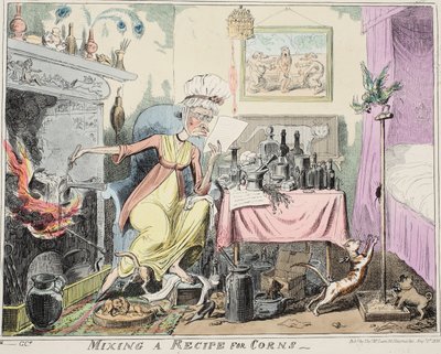Mixing A Recipe for Corns, pub. 1835 (håndfarget gravering) av George Cruikshank