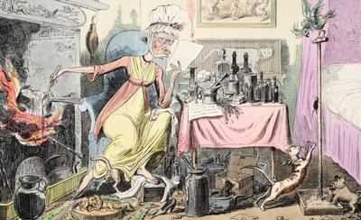 Mixing A Recipe for Corns, pub. 1835 (håndfarget gravering) av George Cruikshank
