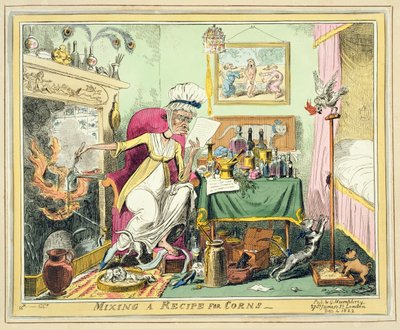 Mixing a Recipe for Corns, utgitt av G. Humphrey, London, 4. desember 1822 (farget etsning) av George Cruikshank