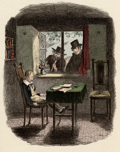 Munker og Fagin observerer Oliver som sover i Maylie-biblioteket - Monks and the Jew - Illustrasjon for "" Oliver Twist"" (Oliver) (The Adventures of Oliver Twist) av Charles Dickens (1812-1870), av George Cruikshank (1792-1878) ). av George Cruikshank