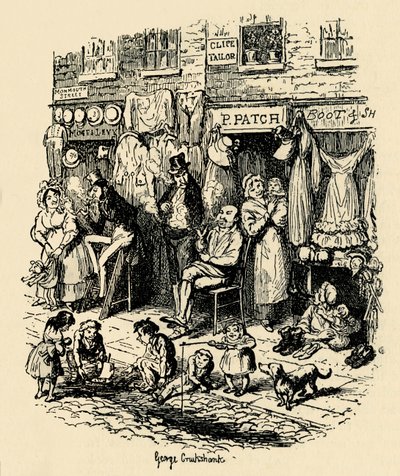 Monmouth Street, Soho, en illustrasjon av G. Cruikshank for Dickens Sketches av Boz. , 1938 av George Cruikshank
