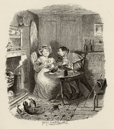 Mr Bumble og fru Corney tar te, fra "The Adventures of Oliver Twist" av Charles Dickens (1812-70) 1838, utgitt av Chapman und Hall, 1901 av George Cruikshank