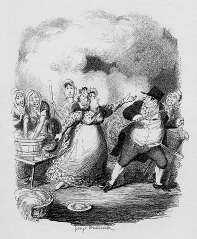 Mr Bumble degradert i øynene til de fattige, fra "The Adventures of Oliver Twist" av Charles Dickens (1812-70) 1838, utgitt av Chapman und Hall, 1901 av George Cruikshank