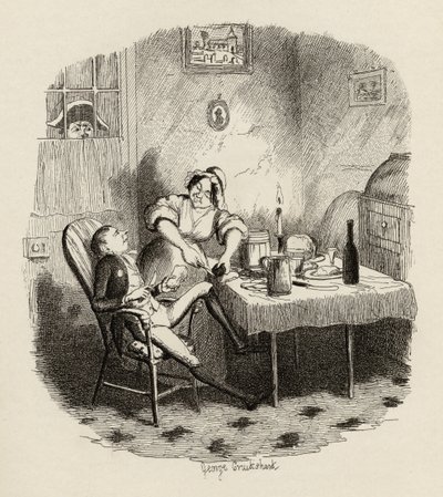 Mr Claypole som han dukket opp da mesteren hans var ute, fra "The Adventures of Oliver Twist" av Charles Dickens (1812-70) 1838, utgitt av Chapman und Hall, 1901 av George Cruikshank