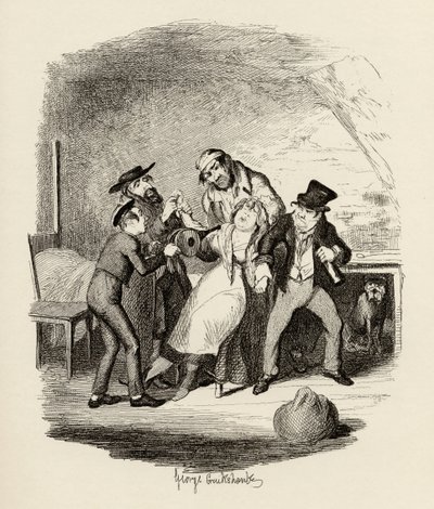 Herr Fagin og hans elev som gjenoppretter Nancy, fra "The Adventures of Oliver Twist" av Charles Dickens (1812-70) 1838, utgitt av Chapman und Hall, 1901 av George Cruikshank