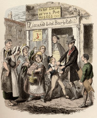Nancy og Sikes kidnapper Oliver i gatene - Oliver hevdet av hans kjærlige venner - Illustrasjon for "" Oliver Twist"" (Olivier) (The Adventures of Oliver Twist) av Charles Dickens (1812-1870), av George Cruikshank (1792-1878) ). av George Cruikshank