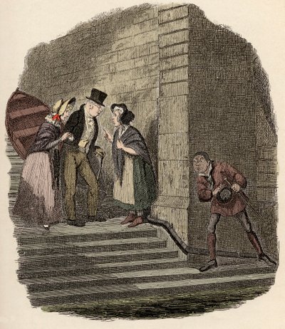 Noe Claypole spionerer på den hemmelige avtalen mellom Mr. Brownlow, Rose Maylie og Nancy - Møtet - Illustrasjon for "" Oliver Twist"" (Olivier) (The Adventures of Oliver Twist) av Charles Dickens (1812-1870), av George Cruikshank (1792-1878). av George Cruikshank