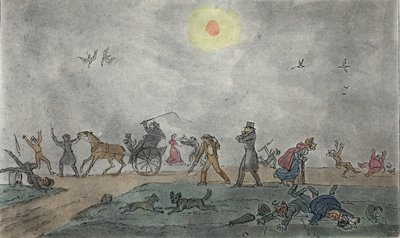 November - (gammel stil) - Svev gjennom tåken og skitten luft, pub. 1835 (håndfarget gravering) av George Cruikshank