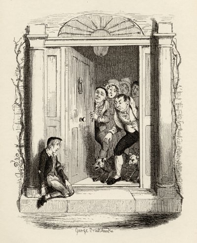 Oliver Twist ved Mrs Maylies dør, fra "The Adventures of Oliver Twist" av Charles Dickens (1812-70) 1838, utgitt av Chapman und Hall, 1901 av George Cruikshank