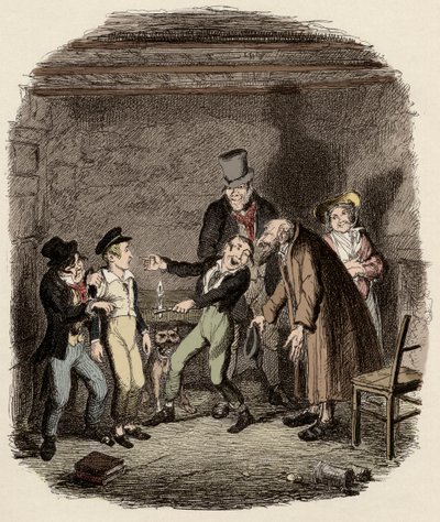 Oliver Twist mottatt av gamle Fagin og teamet hans - Oliver-mottakelse av Fagin og guttene - Illustrasjon for "" Oliver Twist"" (Olivier) (The Adventures of Oliver Twist) av Charles Dickens (1812-1870), av George Cruikshank (1792) -1878). av George Cruikshank