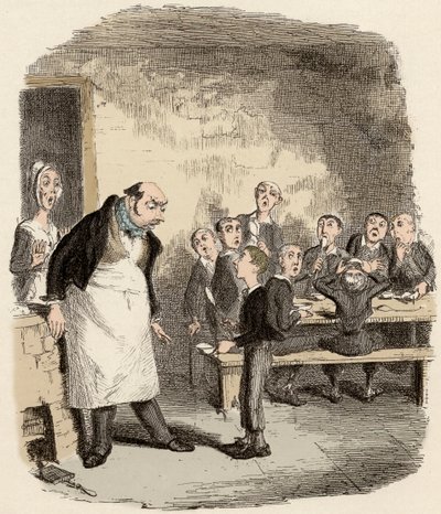 Oliver er designet for å be om ekstra mat fra veilederen for Young Children's Hospice - Oliver ber om mer - Illustrasjon for "" Oliver Twist"" (Olivier) (The Adventures of Oliver Twist) av Charles Dickens (1812-1870), av George Crui av George Cruikshank