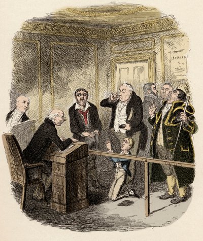 Oliver tryglet barnedommeren om ikke å la ham gå i lære ved Gamfield, skorsteinen - Oliver slipper å bli bundet lærling til feieren - Illustrasjon for Charles Dickens "Oliver Twist" (Oliver) (The Adventures of Oliver Twist) (1812-1870), av av George Cruikshank