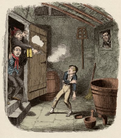 Oliver overrasket og såret under innbruddsforsøket - The Burglary - Illustrasjon for "" Oliver Twist"" (Olivier) (The Adventures of Oliver Twist) av Charles Dickens (1812-1870), av George Cruikshank (1792-1878). av George Cruikshank