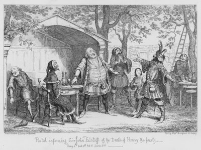 Pistol som informerer Sir John Falstaff om Henry den fjerdes død av George Cruikshank