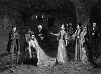Prinsesse Elizabeth konfronterte med Sir Thomas Wyatt i torturkammeret, 1554 1840. av George Cruikshank