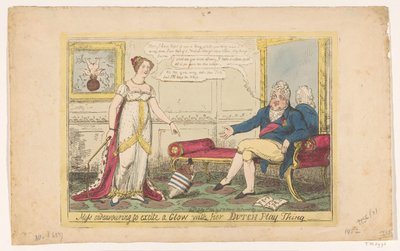 Prinsesse Charlotte lekte med sin nederlandske snurrevad, 1814 Frøken prøver å begeistre en glød med sin nederlandske lekesak (tittel på objekt) av George Cruikshank