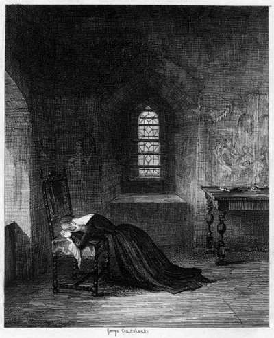 Dronning Jane fengslet i Brick Tower, Tower of London, 1553-1554 1840. av George Cruikshank