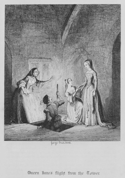 Dronning Janes flukt fra tårnet (gravering) av George Cruikshank