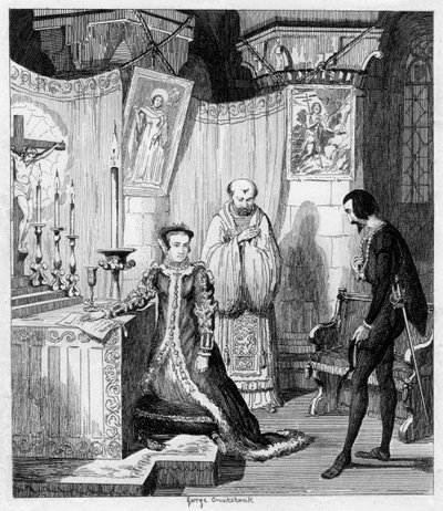 Dronning Mary ved at Simon Renard forbandt seg til Philip av Spania, 1840 av George Cruikshank
