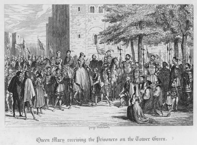 Queen Mary mottar fangene på Tower Green (gravering) av George Cruikshank