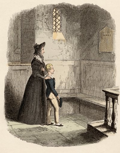 Rose Maylie og Oliver foran minnetavlen til Agnes, deres søster og mor - Rose Maylie og Oliver - Illustrasjon for "" Oliver Twist"" (Olivier) (The Adventures of Oliver Twist) av Charles Dickens (1812-1870), av George Cruikshank (179 av George Cruikshank
