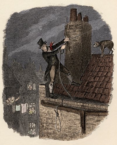 Sikes, etterfulgt av hunden hans, prøver å rømme - Den siste sjansen - Illustrasjon for "" Oliver Twist"" (Olivier) (The Adventures of Oliver Twist) av Charles Dickens (1812-1870), av George Cruikshank (1792-1878) . av George Cruikshank