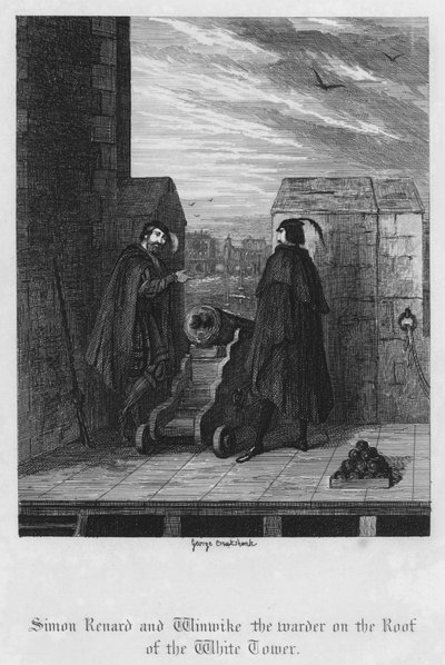 Simon Renard og vaktmesteren Winwike på taket til det hvite tårnet (gravering) av George Cruikshank