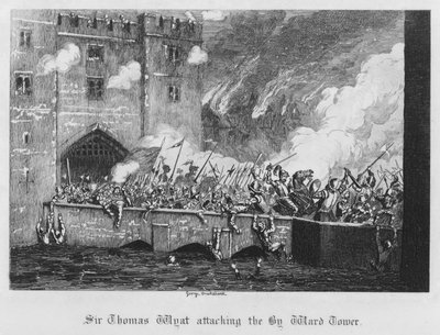 Sir Thomas Wyatt angriper Byward Tower (gravering) av George Cruikshank