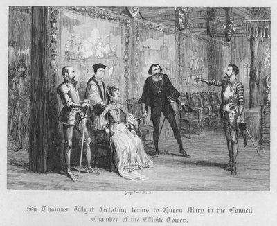 Sir Thomas Wyatt dikterer vilkår til dronning Mary i rådskammeret i Det hvite tårn (gravering) av George Cruikshank