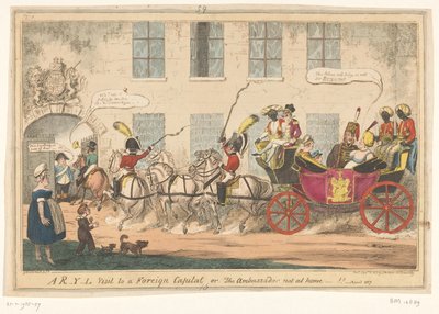 Spotprent op prinses Caroline, 1817 Et RYL-besøk i en utenlandsk hovedstad eller, ambassadøren ikke hjemme-!! (tittel på objekt) av George Cruikshank