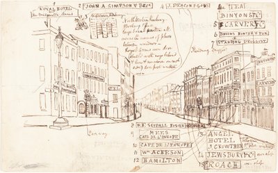 Gateperspektiv med forretningssteder merket av George Cruikshank