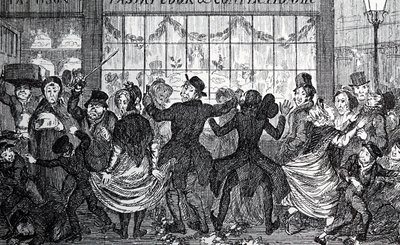Gatekråkeboller forårsaker kaos i folkemengden utenfor en konditor- og konditorbutikk på tolvte natt av George Cruikshank