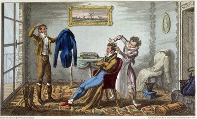 Skredder og frisør hjemme - i "" Life in Paris"" av David Carey, syk. av George Cruikshank, red. Fairburn, London av George Cruikshank